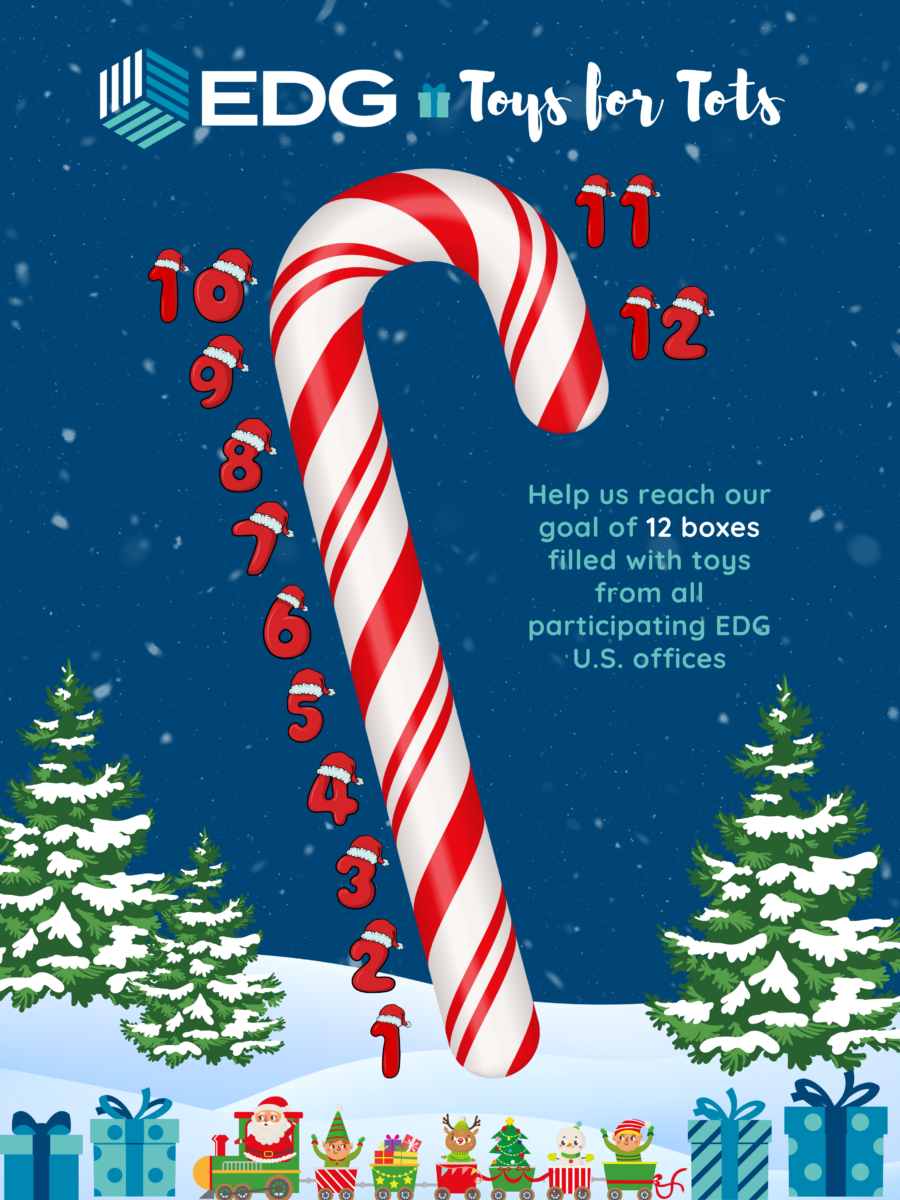 TOYS FOR TOTS COLLECTION EDG US OFFICES 2023 image showing a candy cane with numbers 1-12 to show filling up to 12 boxes of toys for donation