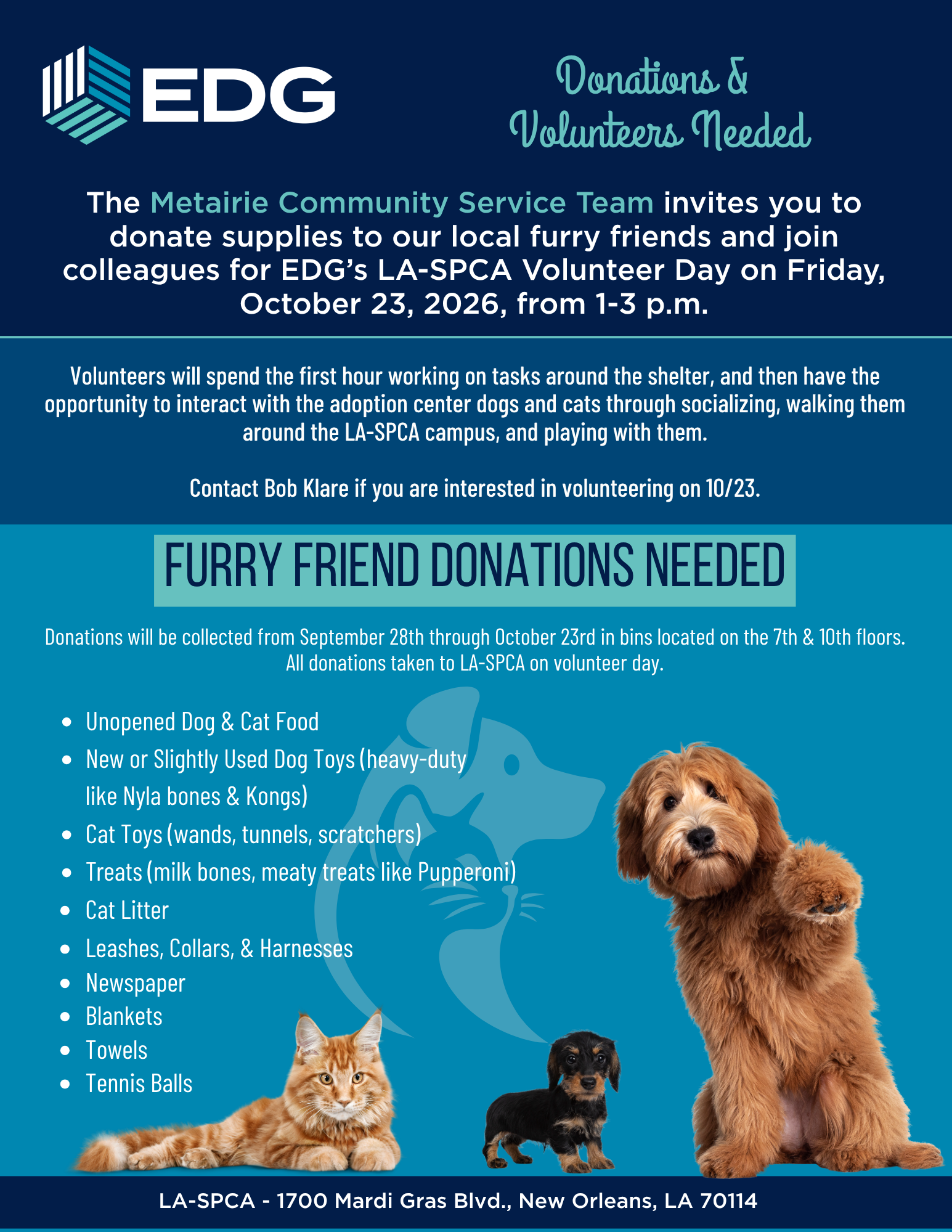 EDG Metairie Community Service Team LASPCA 2026 Donation and Volunteer Day
